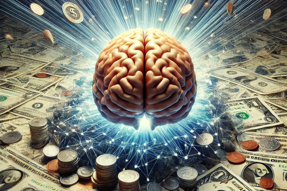 Psicologia nos Investimentos - Cérebro iluminado no meio de tanto dinheiro
